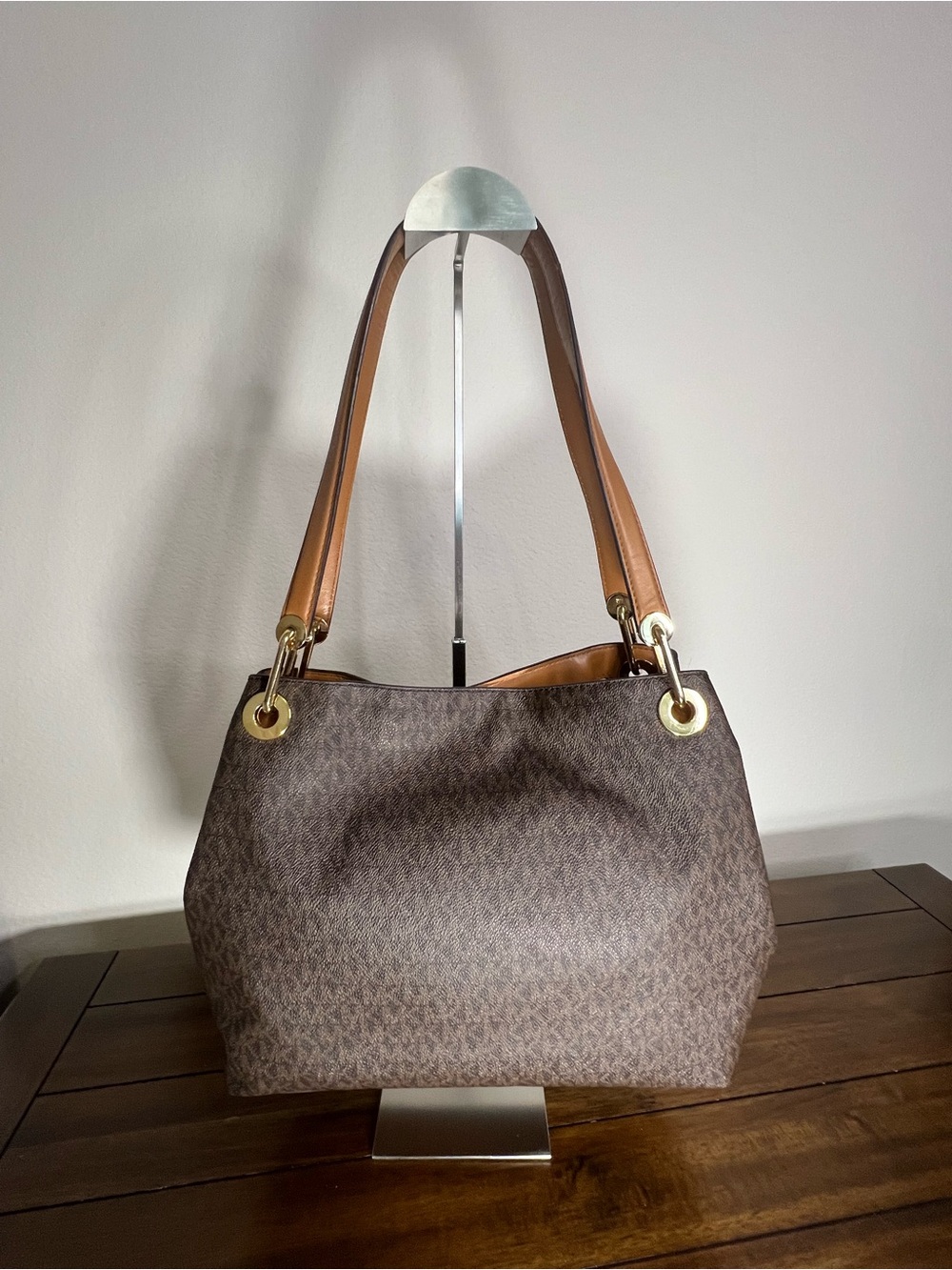 Michael Kors Brown MK Monogram Shoulder Tote with Gold Hardware - Picture 2 of 11